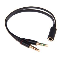 Audio Jack 3,5 mm Y-Splitter M/F, Stereo+Mikrofon, platt kabel, svart, inklusive iPhone/Samsung-headset